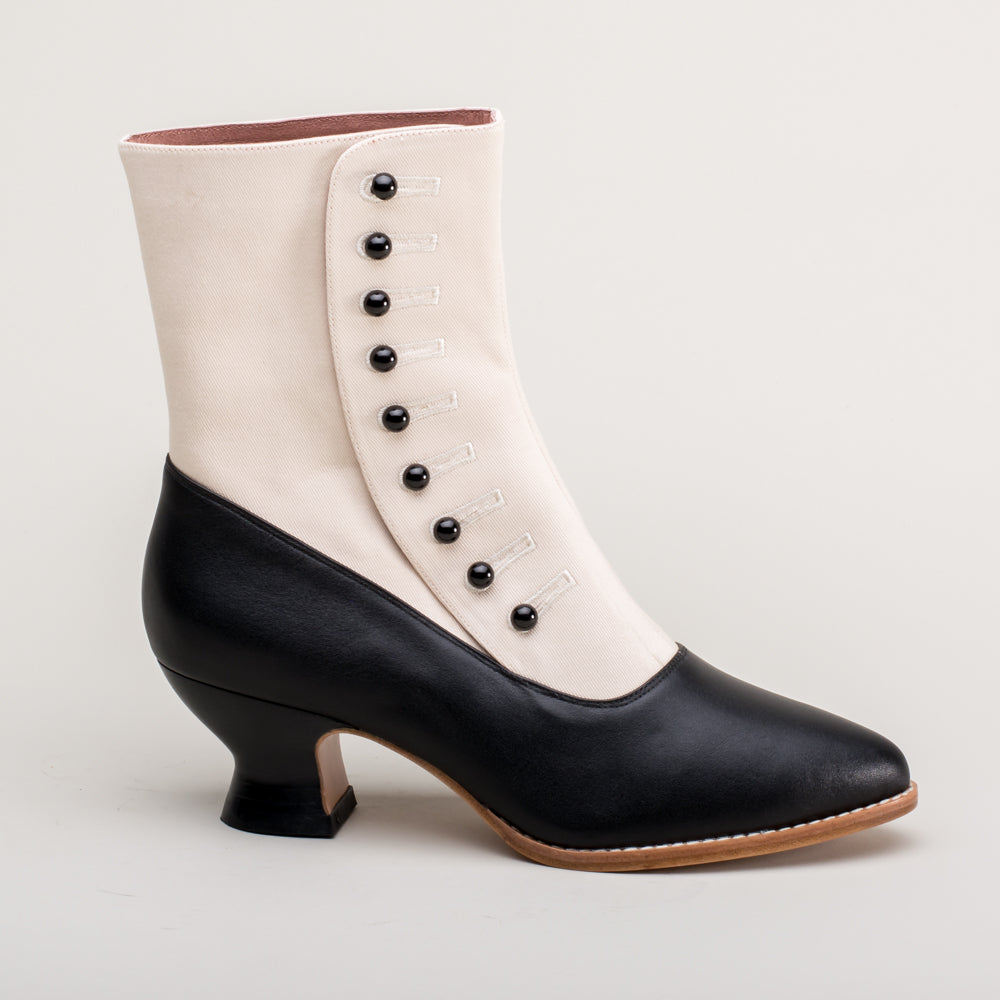 Manhattan Victorian Cloth-Top Button Boots (Ivory/Black)