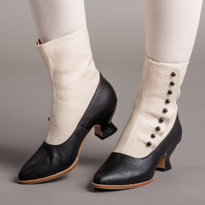 Manhattan Victorian Cloth-Top Button Boots (Ivory/Black)