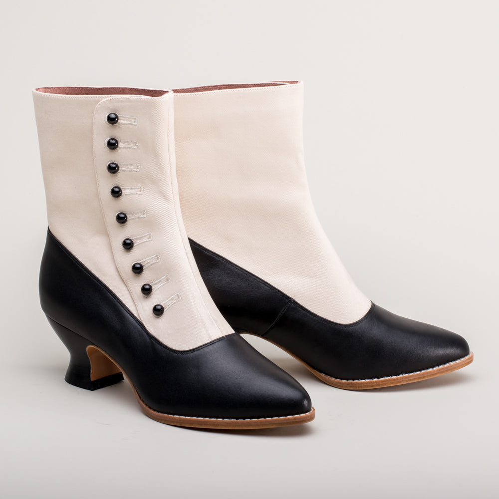 Manhattan Victorian Cloth-Top Button Boots (Ivory/Black)