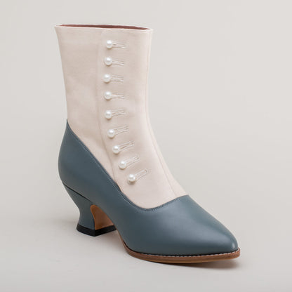 Manhattan Victorian Cloth-Top Button Boots (Ivory/French Blue)