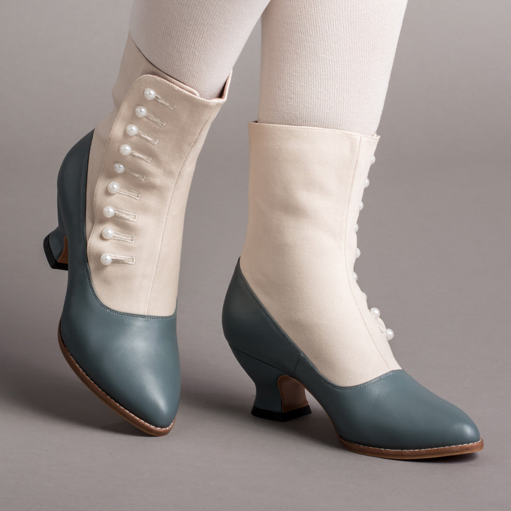 Manhattan Victorian Cloth-Top Button Boots (Ivory/French Blue)