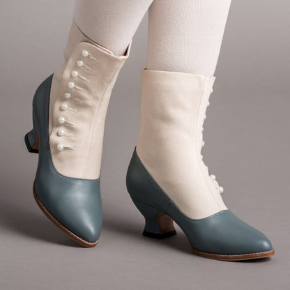 Manhattan Victorian Cloth-Top Button Boots (Ivory/French Blue)