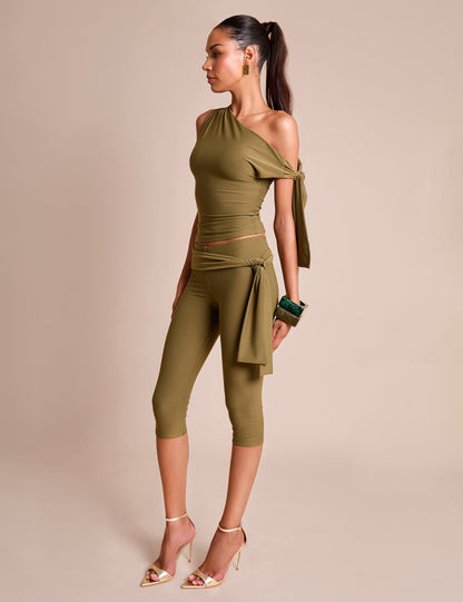 Knot Detail Tie Side Luxe Slinky Capri Pants Khaki