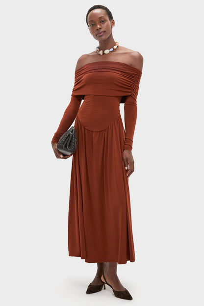 Burgundy Off the Shoulder Ruched Midi Dress